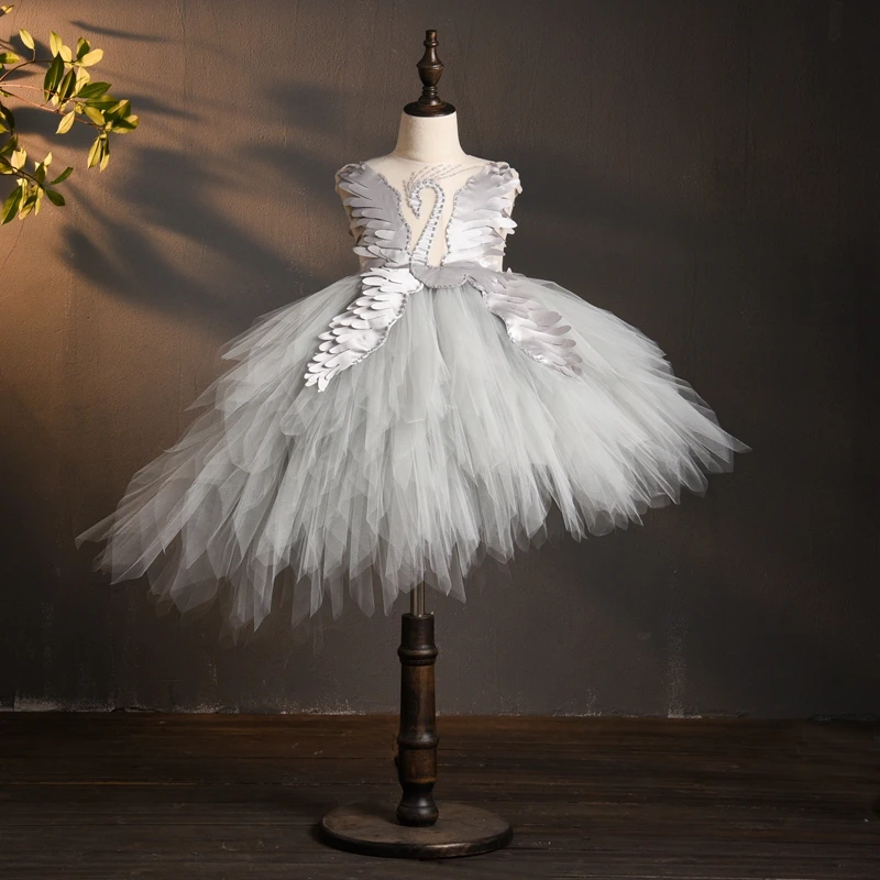 Elegant Swan Crystal Tulle Flower Girl Dress for Wedding Kids Pageant Evening Gown Birthday Party Feather Lace Princess Dresses