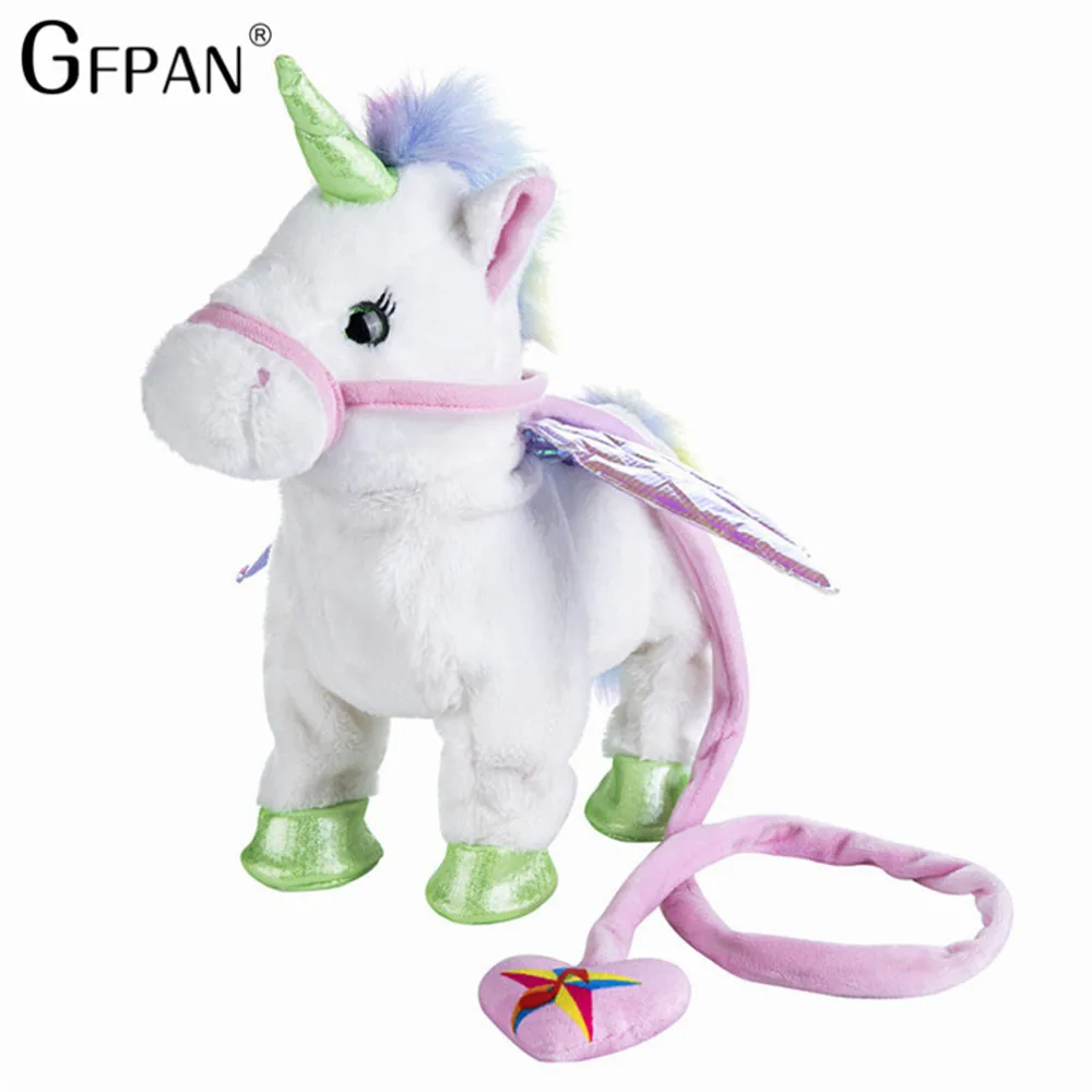 Juguete caliente 1pc eléctrica caminar Peluche de unicornio de juguete Animal relleno juguete de música electrónica de juguete para niños regalos de navidad