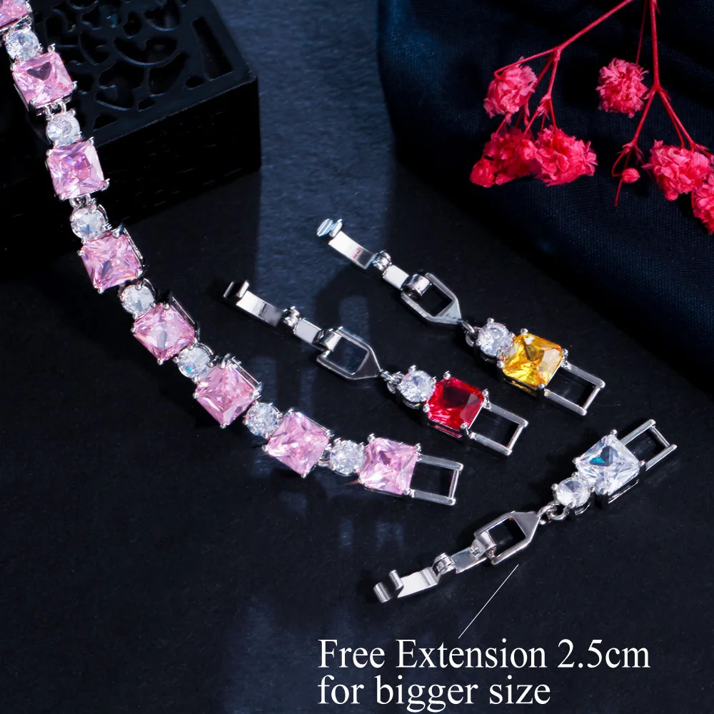 CWWZircons Gorgeous Pink Cubic Zirconia Square Tennis Chain Bracelet for Women Luxury Wedding Party Jewelry Accessories CB276