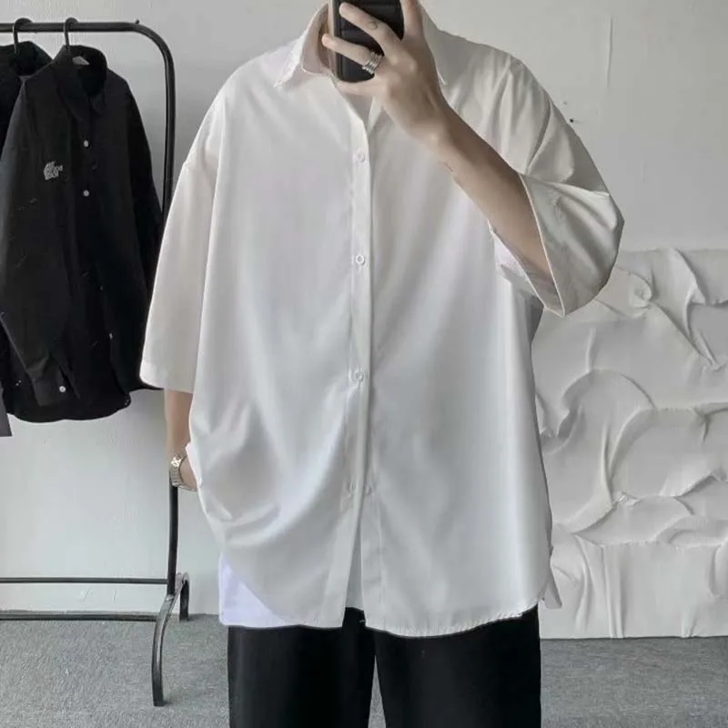 Men Shirts Harajuku Black White Simple Short Sleeve Korean Style Draped Loose Plus Size S-3XL Hip-hop Summer All-match Outwear