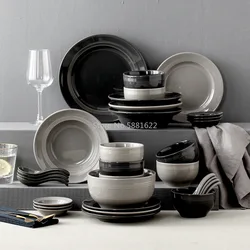 Nordic black and gray simple ceramic tableware set household rice bowl soup bowl plate plate set