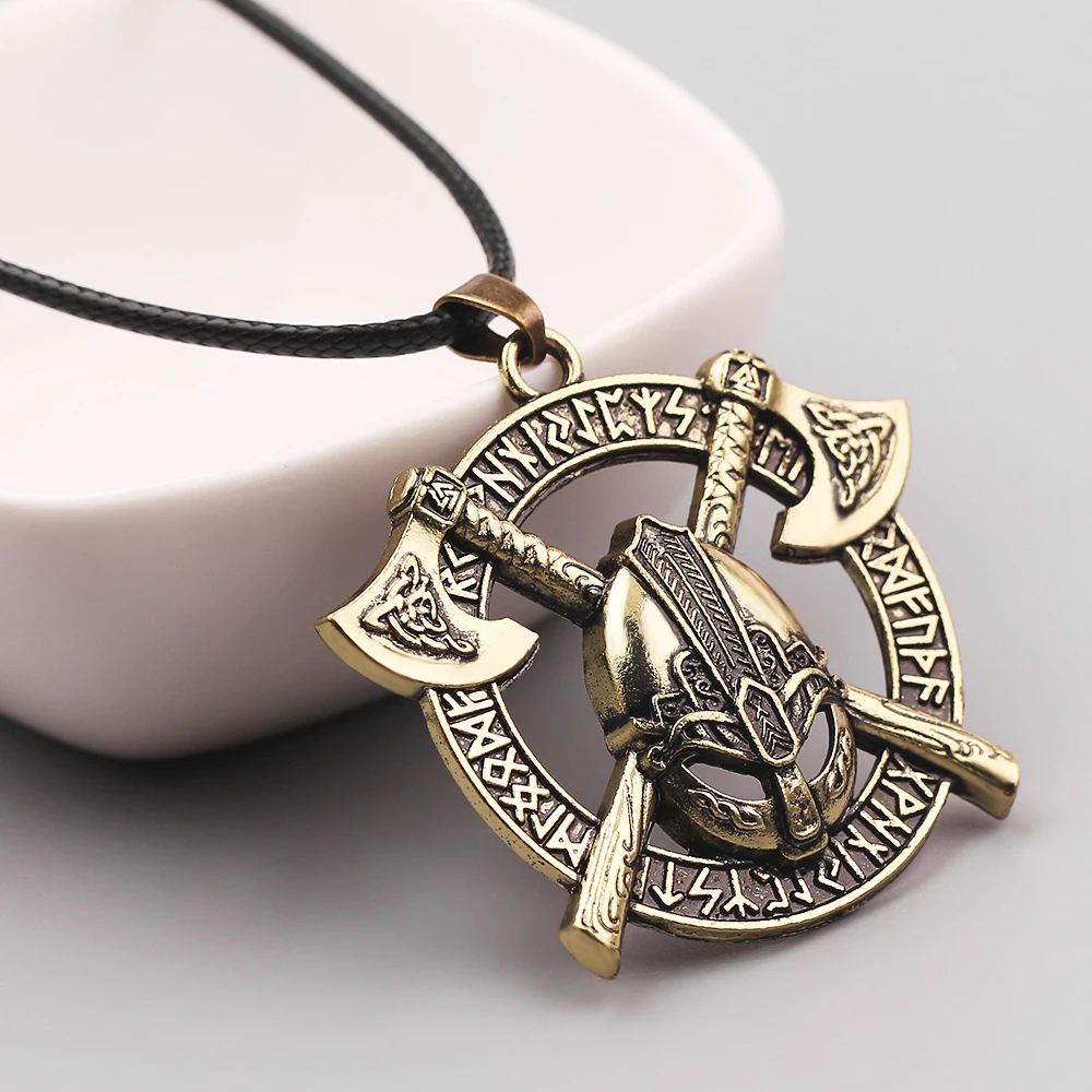 Vintage Viking Axe Helmet Pendant Necklace Choker for Men Odin Raven Slavic Amulet Taliman Wicca Jewelry Best Gift image 4