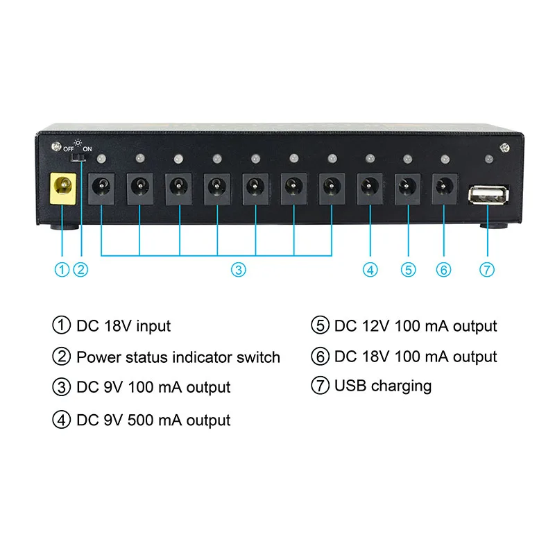 Amuzik Guitar Pedal Power Supply 10 Isolated DC Pedals Power Source  Output 9V/12V/18V Guitar Effector USB Charging Port