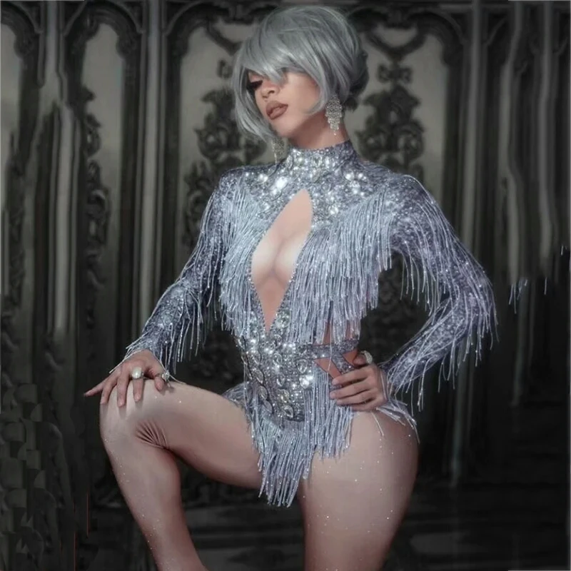 Świecący dżetów frędzle kombinezon kostium taneczny duże kryształy body body z frędzlami Party Stage Wear pokaz taneczny Sexy strój