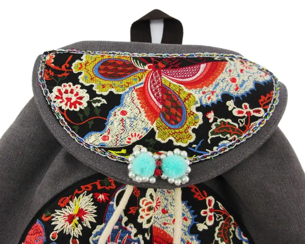 Tribal Vintage Hippie Colorful Travel Backpack Bag For Women Embroidery Pom Charm Hmong Ethnic Bohemian Boho Rucksack SYS-569