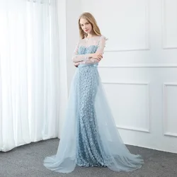 Sweet Sky Blue Full Sleeve Prom Dresses Long Tulle 3D Flowers Beaded Formal Party Dress Removeable Train In Stock