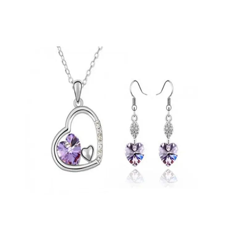 925 sterling silver necklace earrings ladies, water drops pink purple jewelry, wedding / engagement Fine jewelry set S0129