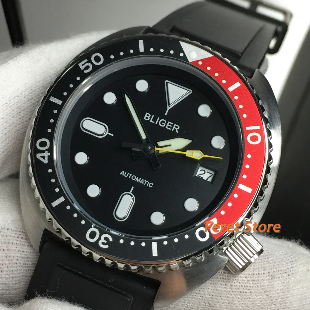 45mm BLIGER Black red Men Watch Silver bezel NH35 Screwdown Crown Rubber Band Unidirectional Bezel Date Automatic movement watch