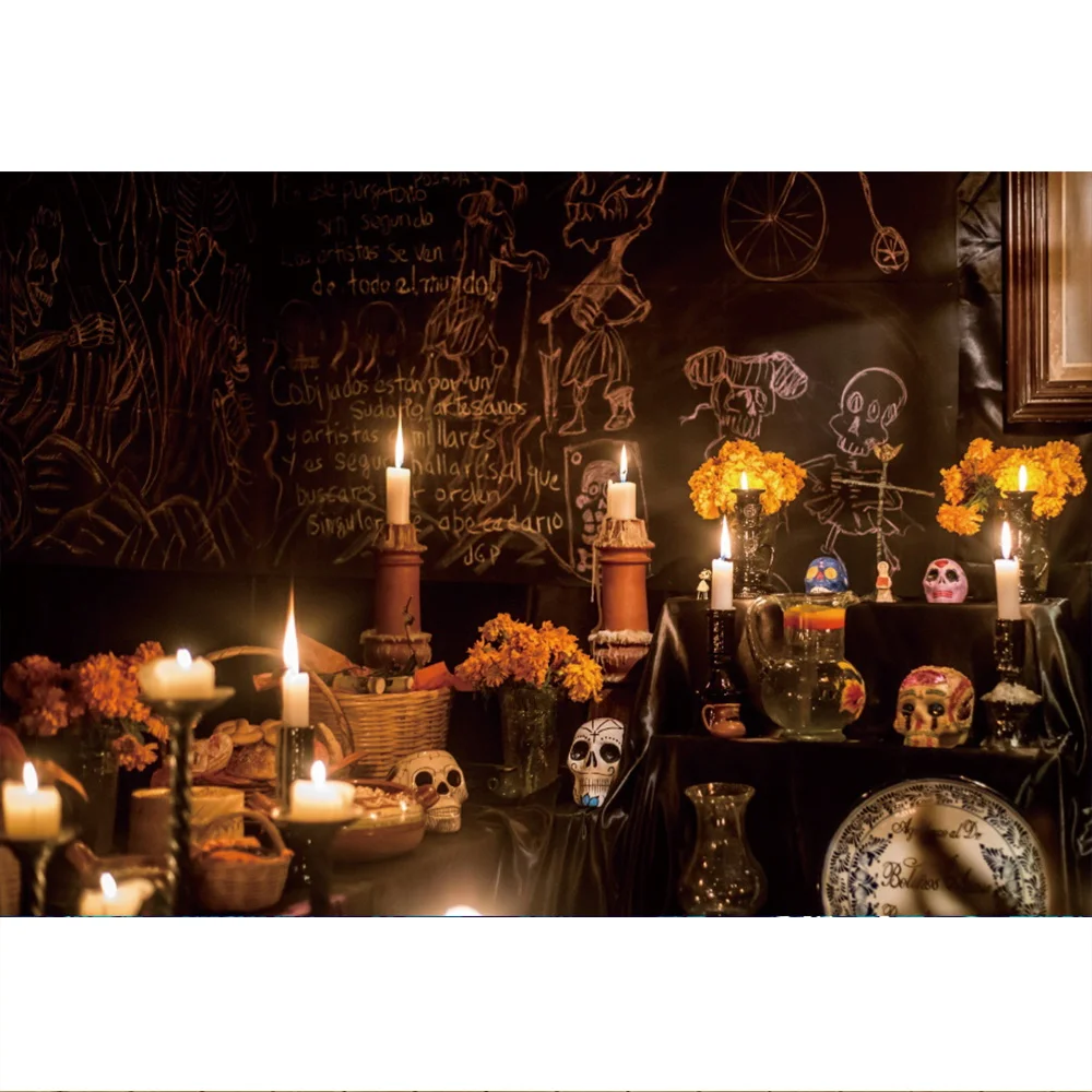 Laeacco Mexican Day of The Dead Party Background Candlestick Skeleton Photographic Backdrop Flowers Banners Death Photo Studio