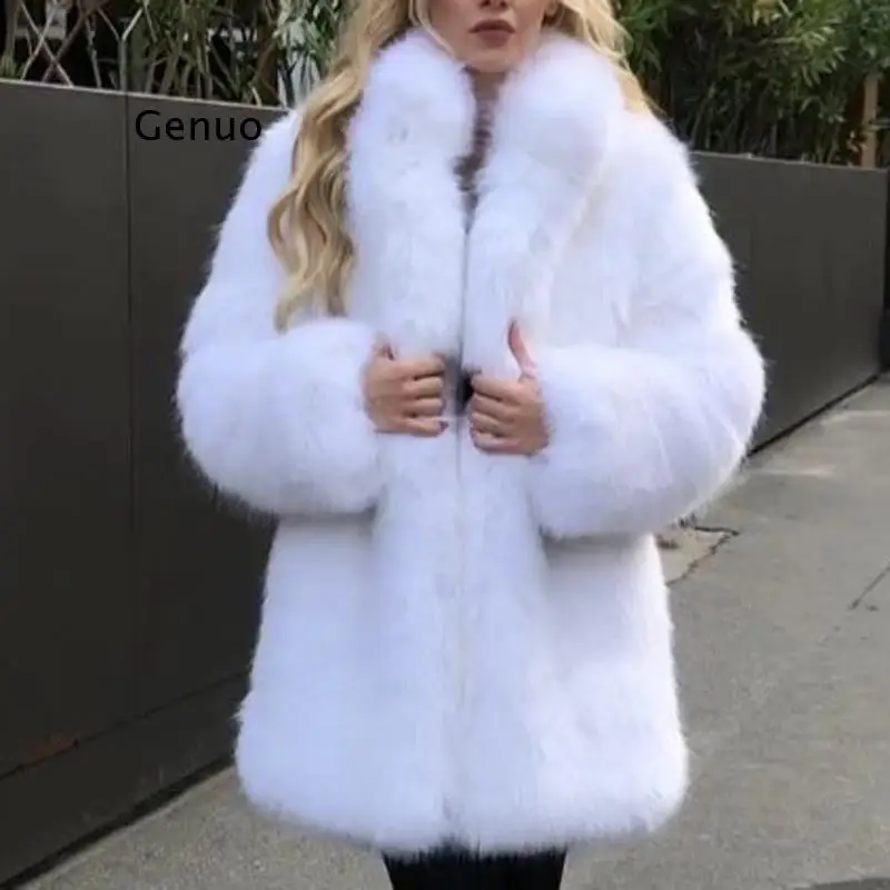 Women Winter Thick Fur Long Coat Jacket Loose Plush Soft Fluffy Outerwear Long Sleeve Faux Fur White Coat Overcoats