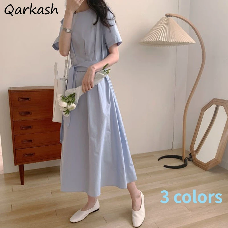 

Short Sleeve Dress Women Summer Maxi Pure Color Bandage Elegant Minimalist College Tender Fashion Korean Style Ladies Basic New