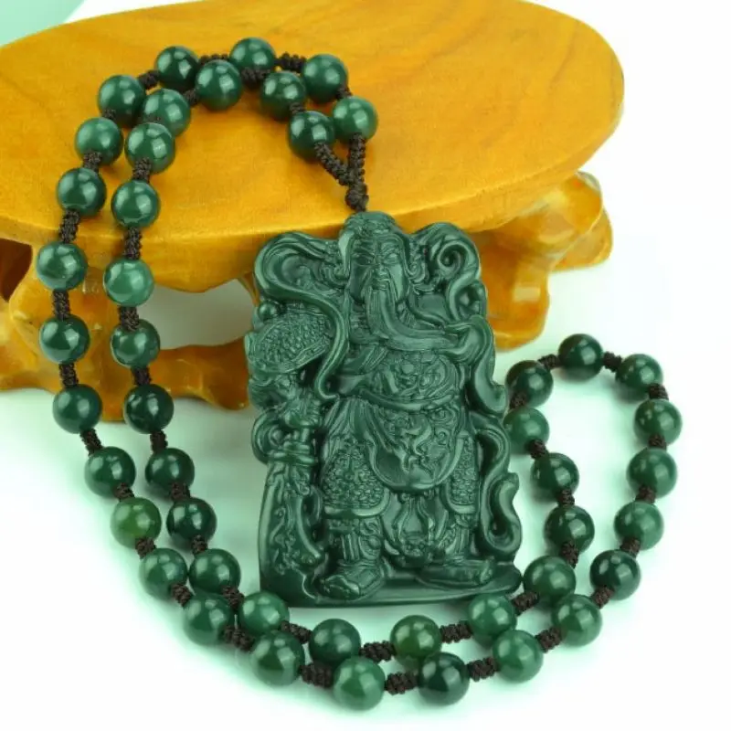 Wonderful Bottle green Jade Pendant Lucky Amulet Carven GuanYu Mala Bead jade Necklace Mascot