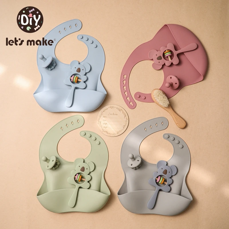 Let’s Make 1Set Silicone Animal Rattle Set BPA Free Silicone Bib Pacifier Baby Accessories Newborn Food Grade Chewable Toys