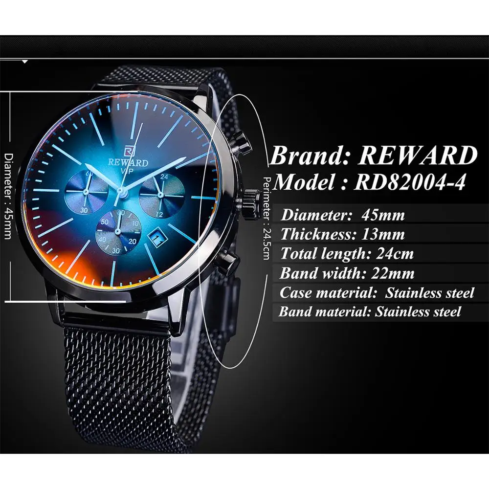 REWARD Black Stainless Steel Mesh Band Symphony Glass Design Three Dial Calendar Display Men Quartz Wrist Watch Top Brand Luxury