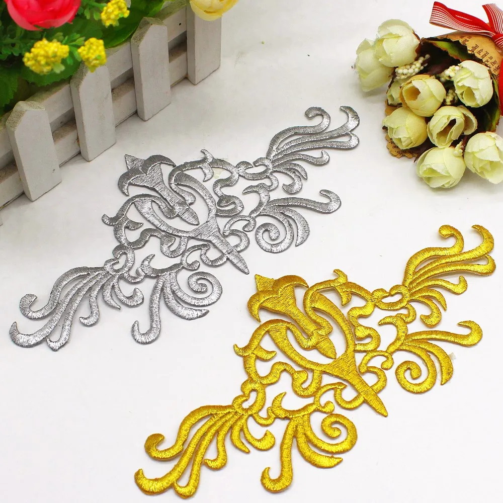 Gold Embroidered Patches Iron On Flower Vintage Diy Trims Shiny Metallic Gold And Silver  20.5cm*10cm