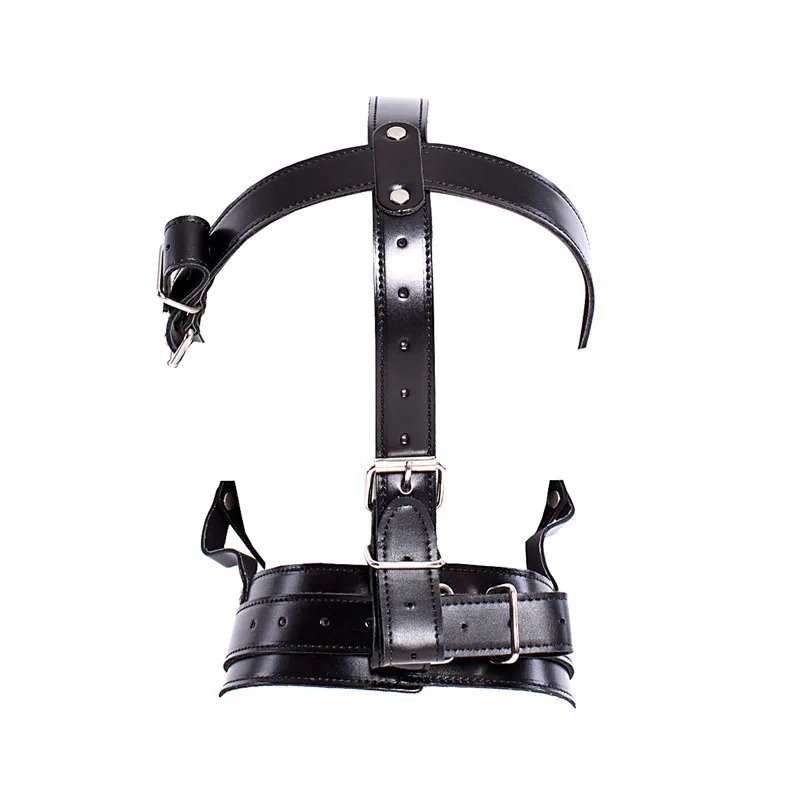 Fetish Bdsm Sex Toys of Sexy Costume of Unisex Leather Half Face Bondage Hood Mask with Harness Strap Muzzle Silicone Penis Gag