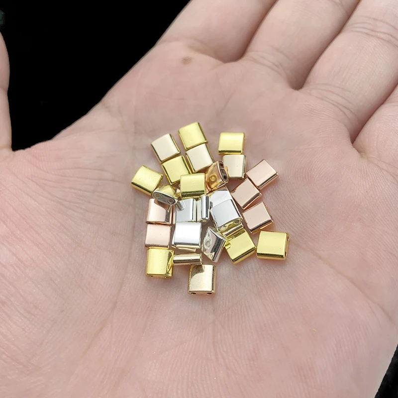 BTFBES Flat Square Hematite Double-hole Rose Gold Color Natural Stone 5x5mm Loose Beads For trendy Jewelry bracelet Making Diy