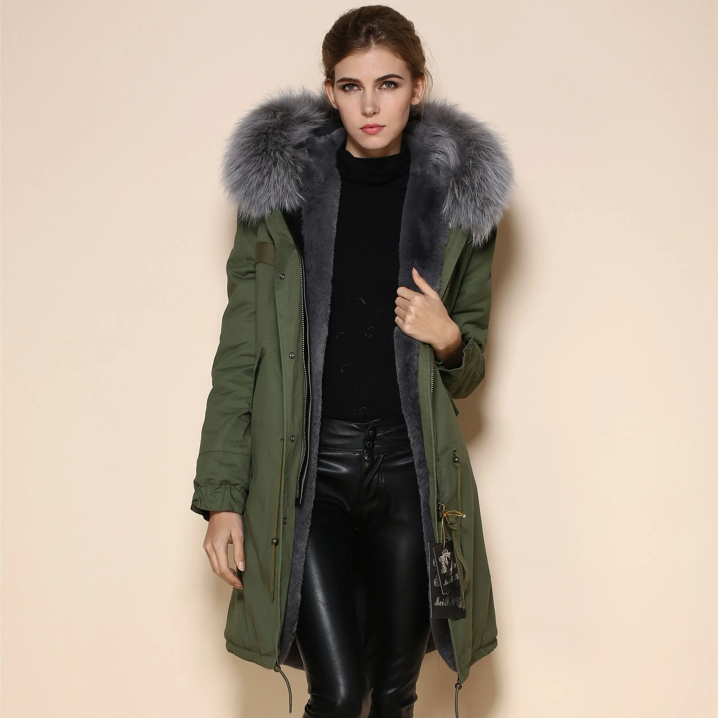 China Parka Coats Women Suppliers Winter Long Style Army Green Fur Coat Grey Elegant Raccoon Collar MR. Fur Parkas