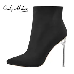 Onlymaker Women Pointed Toe Black Snake Patent Leather Clear Thin Metal Heel Ankle Booties Stiletto Big Size Boots