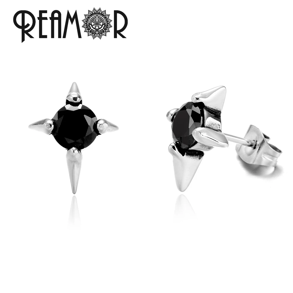 REAMOR Basic Star Zirconia Stud Earrings for Women CZ Cross Studs Ear Party Stainless steel Mens Earrings Jewelry 1 Pair