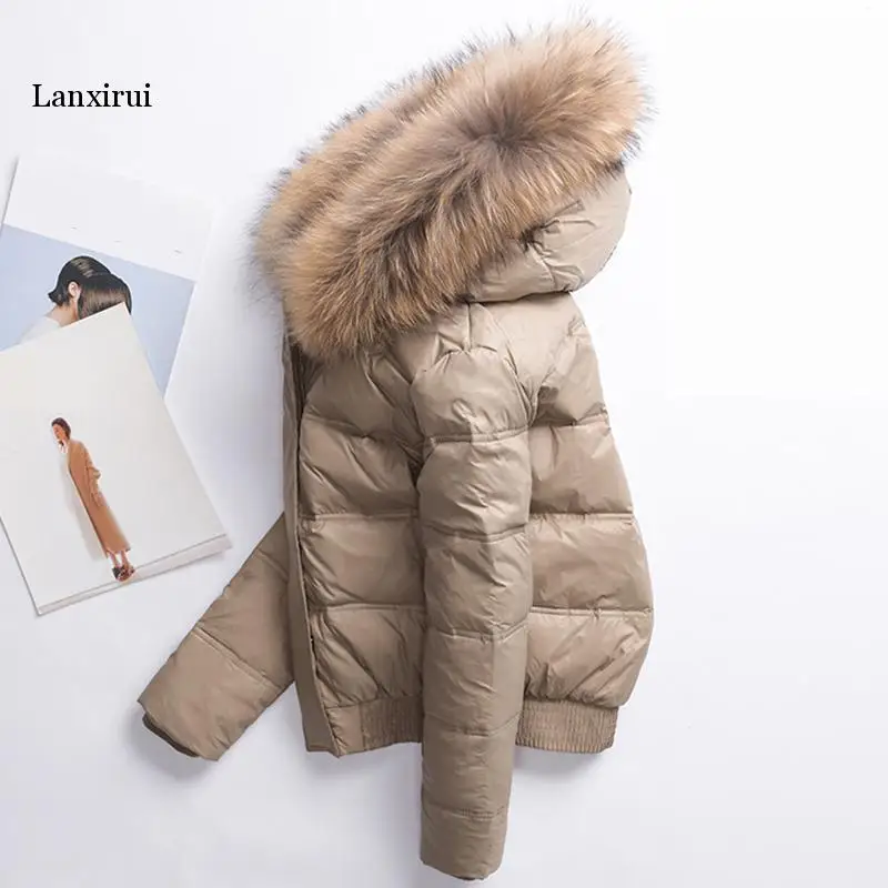 Winter Women Real Raccoon Fur Collar White Duck Down Hooded Jacket Short Coats Female Slim Casual Down Outerwear