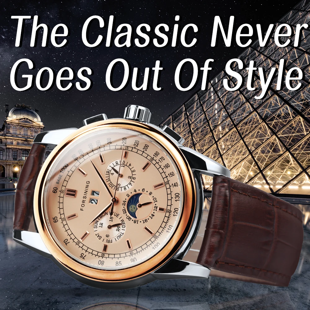 Forsining Retro Mechancial Watches Moon Phase Shanghai Movement Rose Gold Case Brown Leather Strap Luxury Automatic Mens Watch