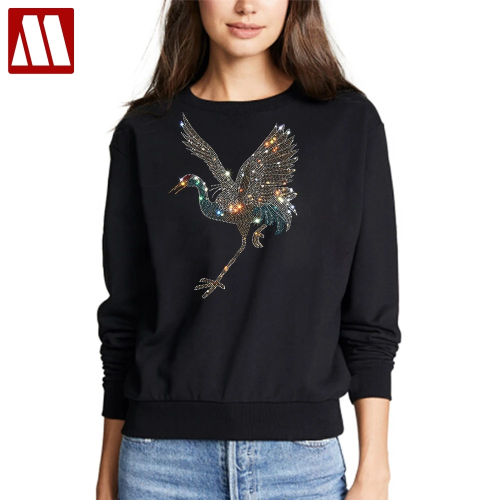 Women beading bird Print Fashionable Sweatshirt 2022 Autumn Long Sleeve Diamonds Hoodie Lady O-neck Hoodies Kawaii Sweatshirts