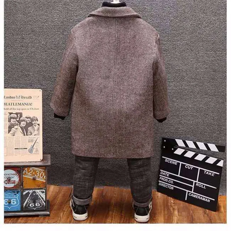 Boys Woolen Coat 2024 Spring Autumn New Fashion Solid Turn Collar Outwear 5-14T Children Overcoat High Quality