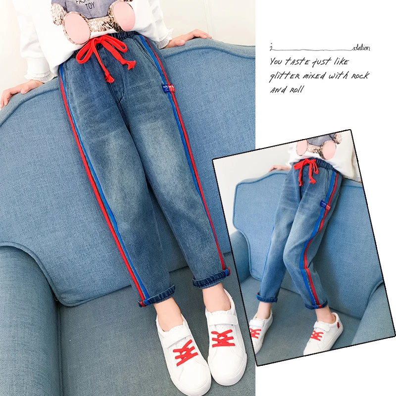 

New Arrival Girls Spring Autumn Jeans Children's Casual Denim Pants Kids Students Fashionable Ribbon Spliced Trousers 3-13Y B285