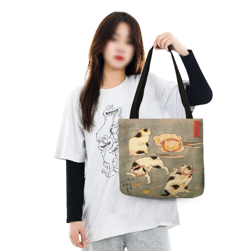 Japanese Custom Cat Print Women Shopping Bag Ladies Causal Shoulder Bag Large Capacity Grocery Supermarket Totes