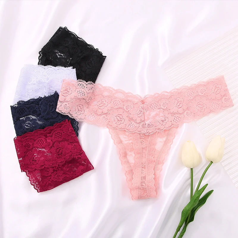 FINETOO 2PCS/Set M-XL Lace G-string Thong Panties for Woman Sexy Floral Underwear Transparent Women\'s Underpants Female Lingerie