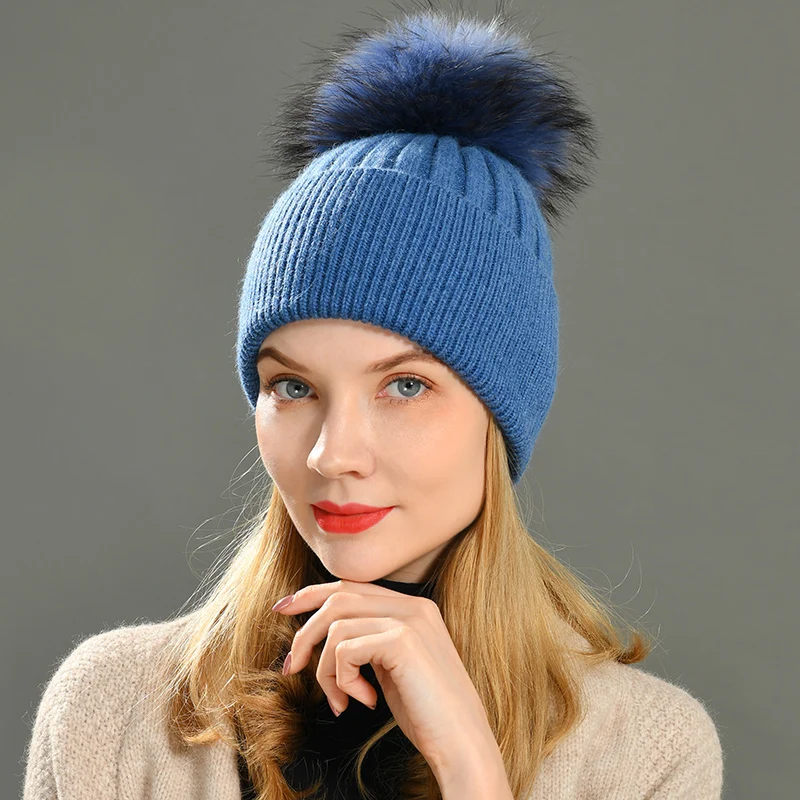 Women Winter Hat Female Removable Real Raccoon Fur Pompom Hat Cap Wool Knitted Hat Natural Fur Pompon Hat for Women Beanies