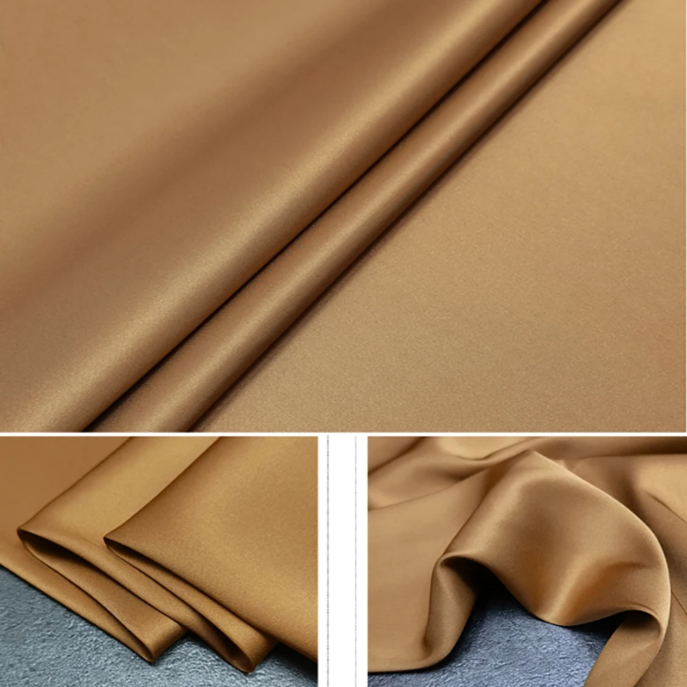 High Quality Mulberry Silk Twill Stretch Satin 20 momme 140cm Width Silk Supplier Wholesale Dark Camel 06