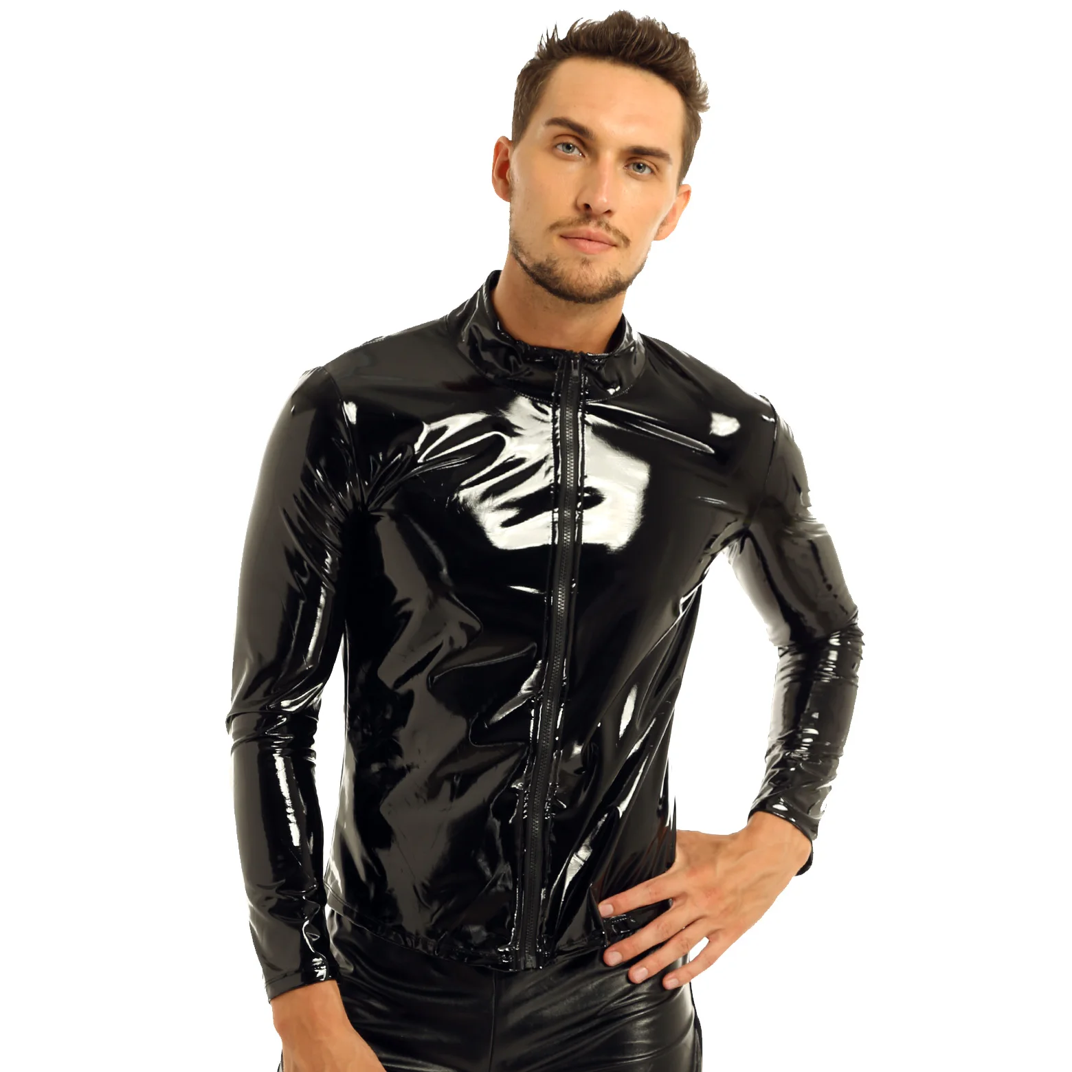 Mens Metallic Latex T-shirt Coat Wet Look Clubwear PVC Leather Zipper Shirts Club Costume Male Streetwear Autumn Jacket Tops