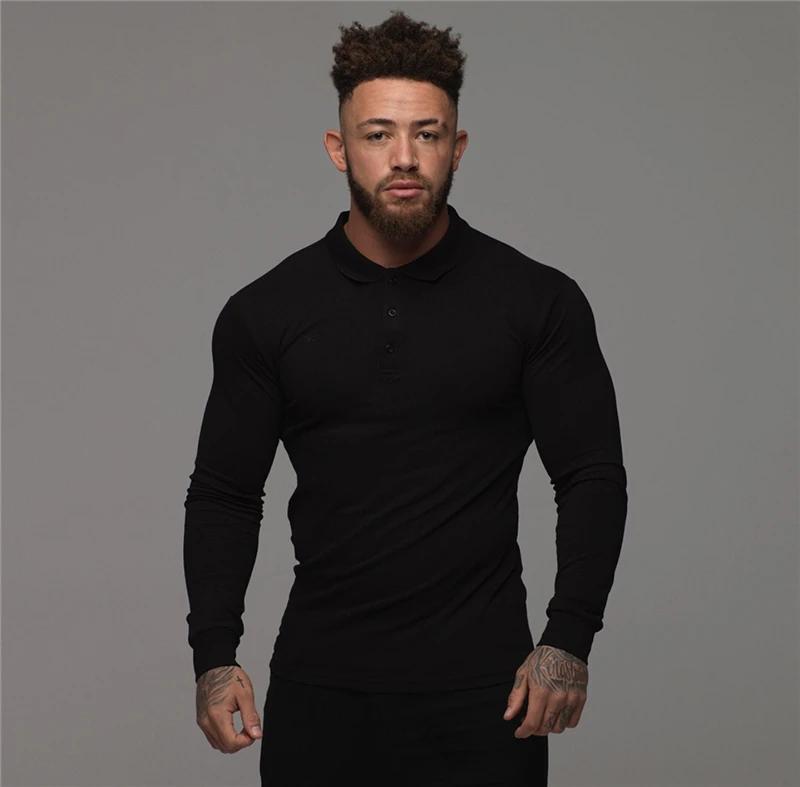 Running Quick dry Polo T-shirt Men Gym Sport Skinny Long Sleeve Tee Shirt Male Fitness Bodybuilding Workout Tops Clothing