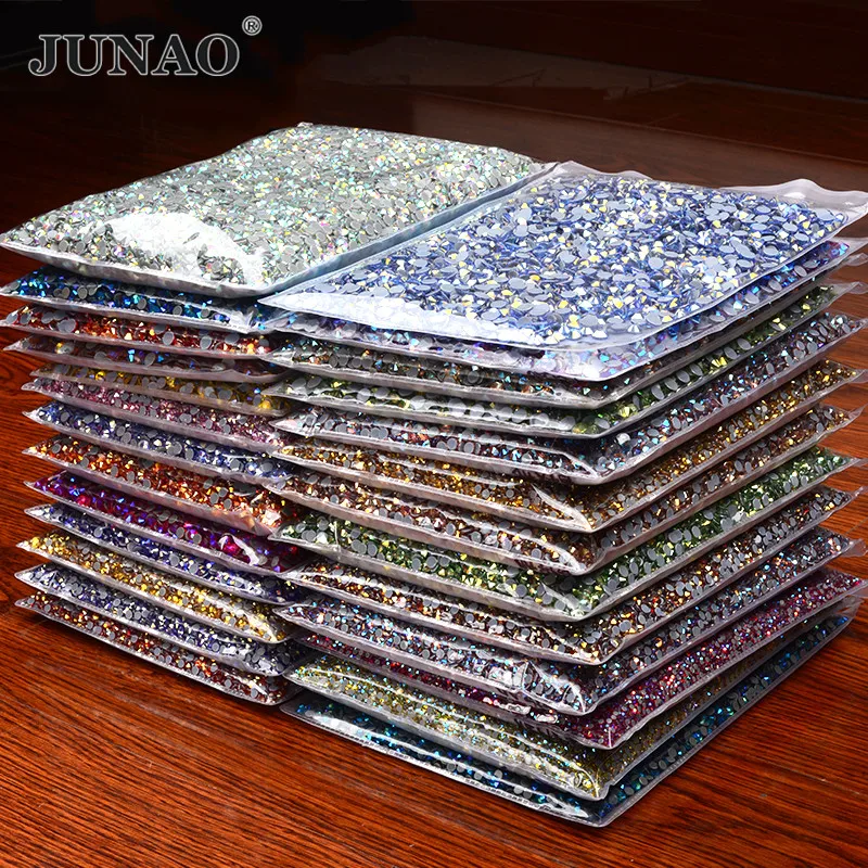 JUNAO Bulk Package Design SS6 8 10 16 20 30 Hotfix Glass Rhinestones Flatback Round Stone Iron On Strass For Clothes Decoration