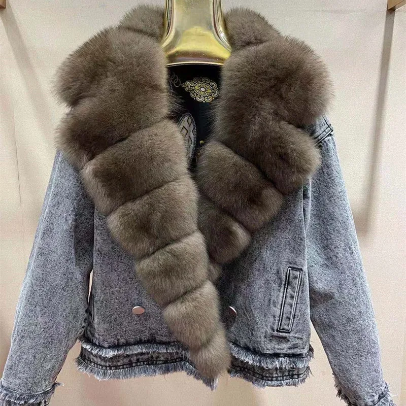 FURSARCAR-Veste à col en fourrure de renard véritable pour femme, veste d'épissure en jean, pardessus femme, haute qualité, chaud, hiver, nouveau, 2021