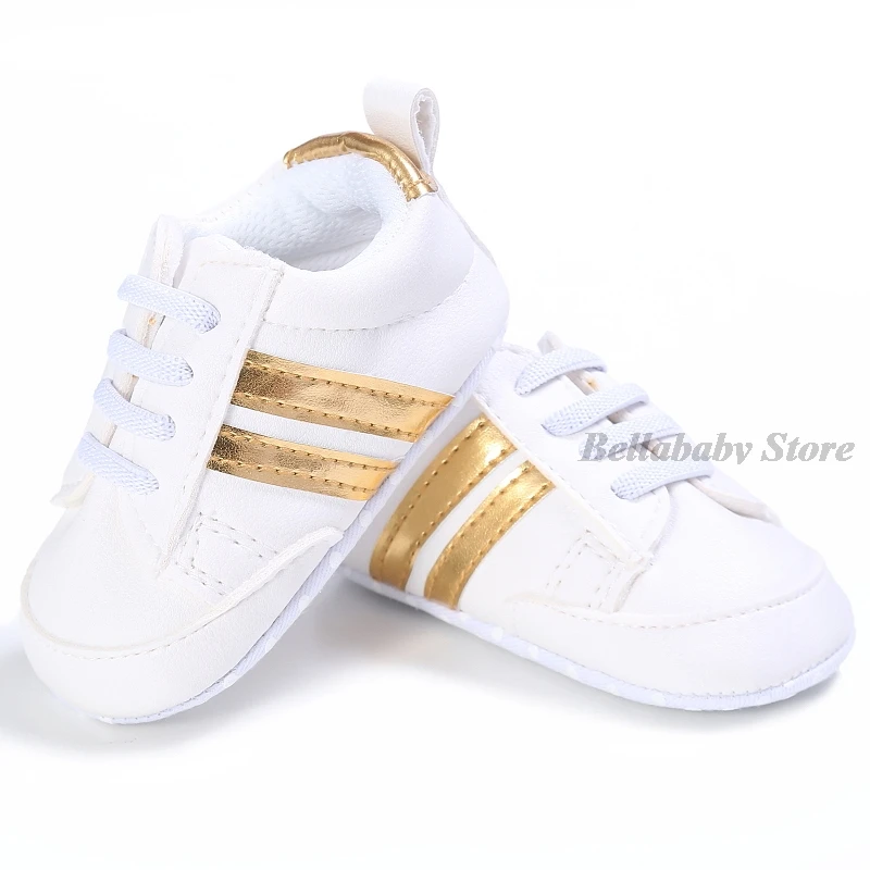 First Walkers Baby Girl Gold Shoes autunno PU Leather Toddler Boy Sneaker scarpe da neonato nere a righe Outdoor Soft antiscivolo