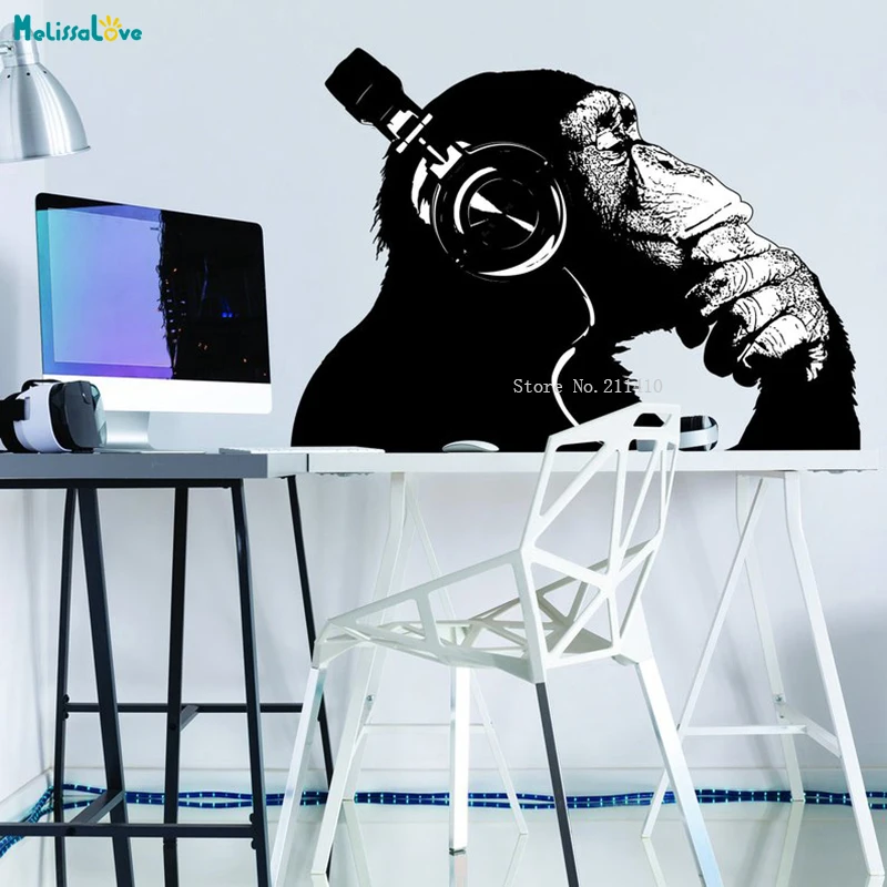 Thinking Monkey Wall Art Sticker Chimp Decals The Thinker Gorilla With Headphones Decor Street Art Graffiti Murals YT1588