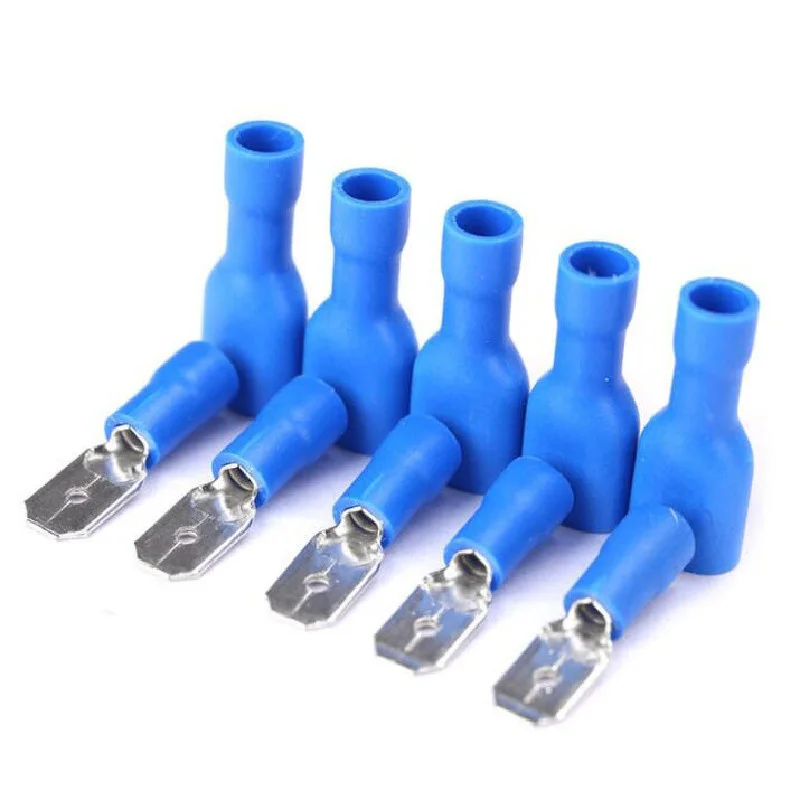 Nuevo 6,3mm 16-14AWG mujer hombre Conector de cableado eléctrico azul aislado crimpado pala Terminal azul FDFD2-250 MDD2-250