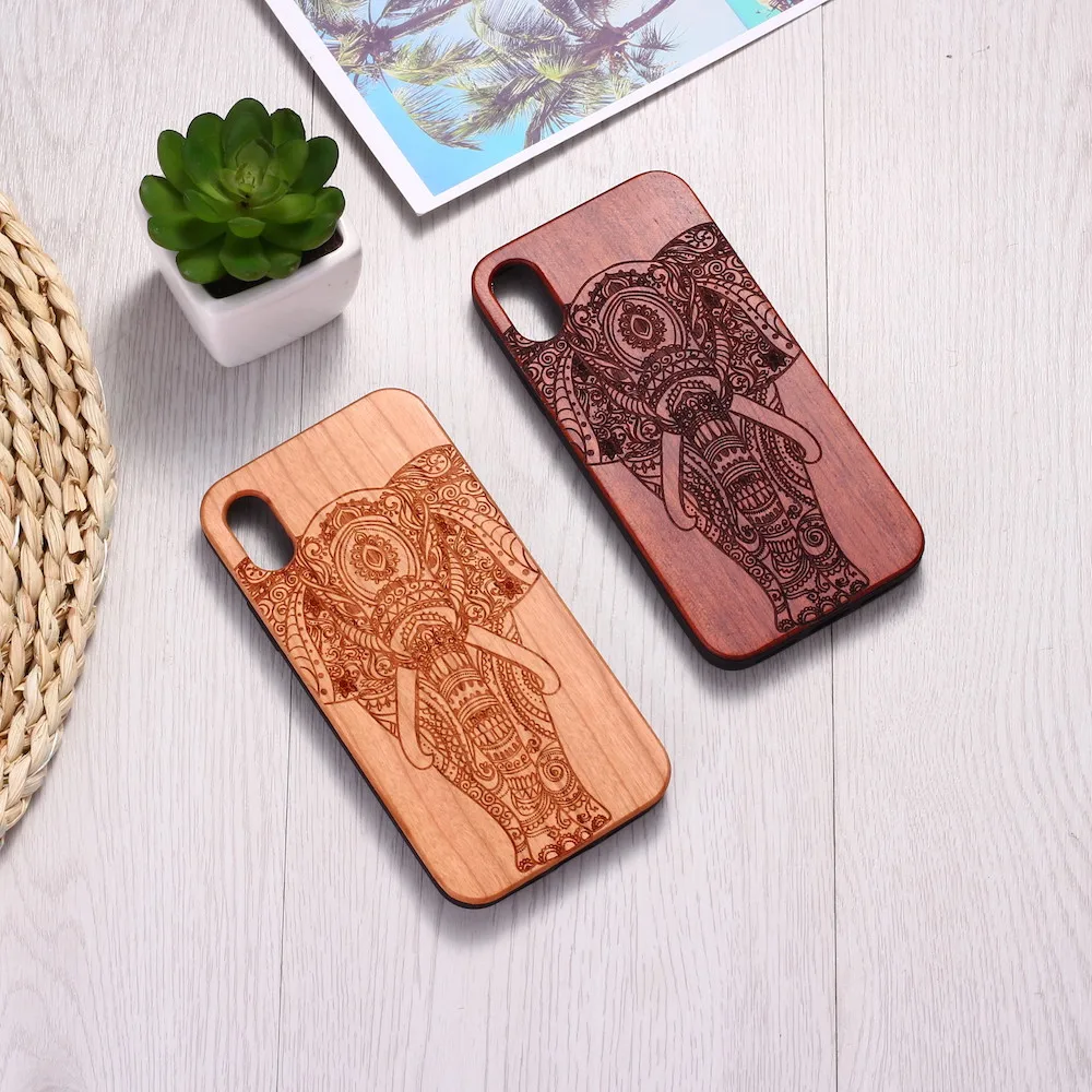 Elephant Vintage Indian Floral Henna Engraved Wood Phone Case Coque For iPhone15 14 14ProMax 14Plus 13Promax 13 12 11