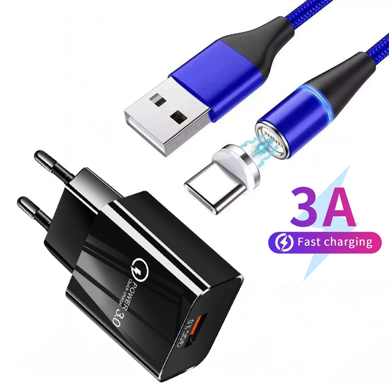 3A Fast Charging Type-C Magnetic Cable + Fast Travel Wall Charger For Samsung A21S A11 A31 A51 A71 Redmi 9T 8A Phone Charger