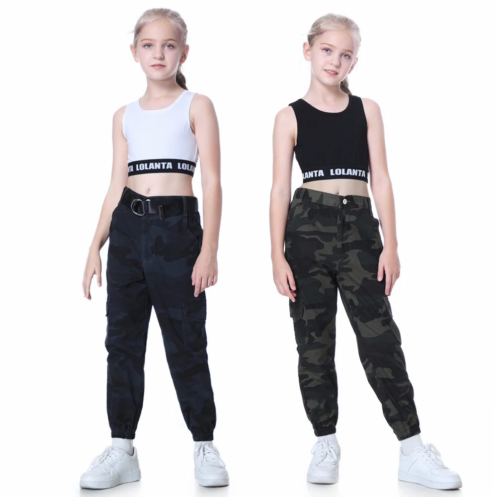 LOLanta Girls Hip Hop Street Dance Solo Clothes Cropped Tank Top/Camouflage Jogger Pants