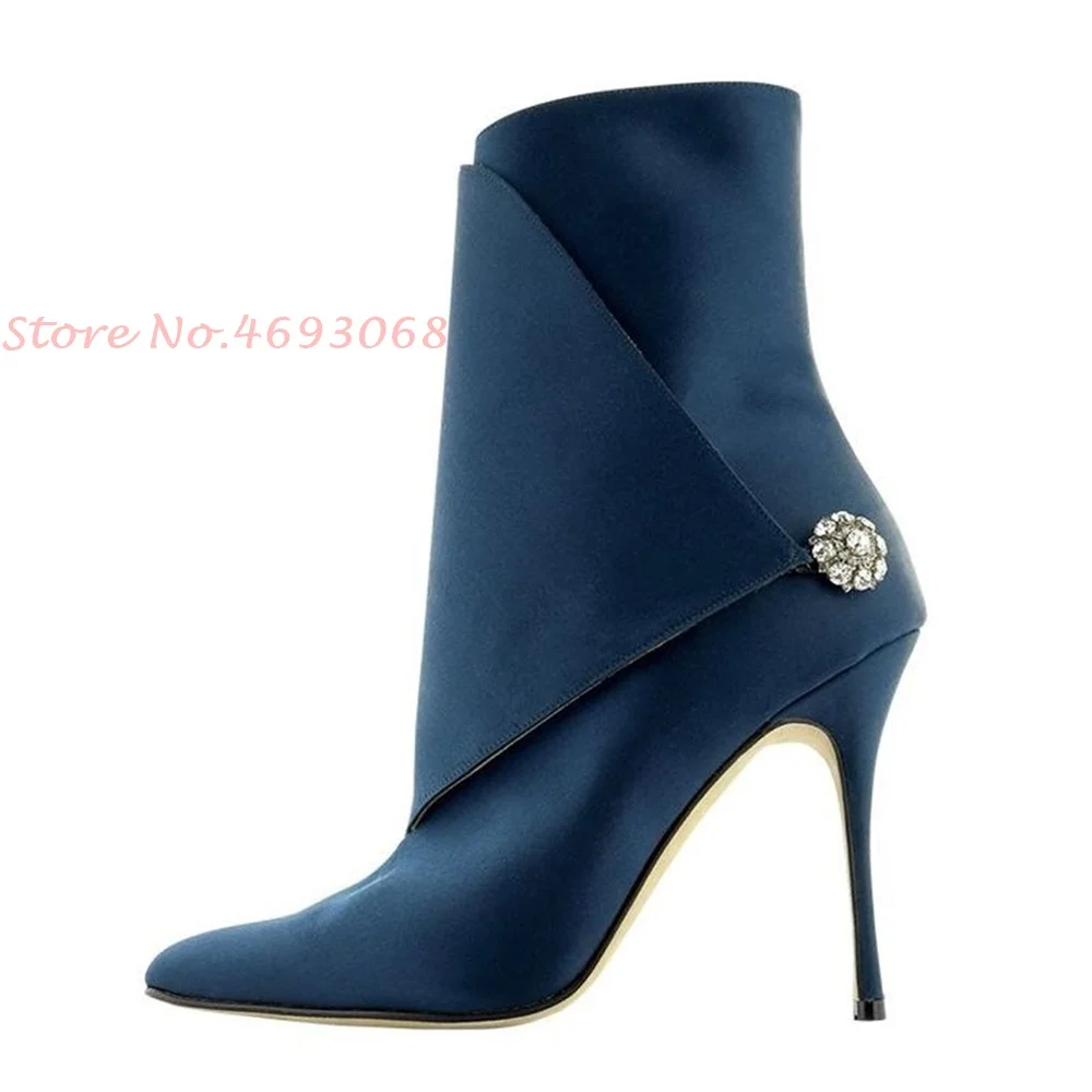 

Button Silk Splicing Short Boots Pointed Toe Elegant Ankle Shoes Solid Blue Shoes High Thin Heels Women British Style Winter