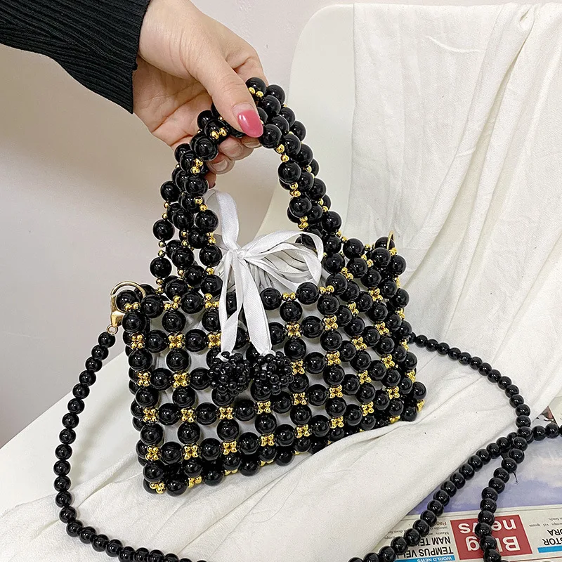 Fashion Mini Hollow Woven Bag Ladies Acrylic Beaded Handbag Pearl Crossbody Bags Casual Hand-woven Shoulder Bags Summer Purses