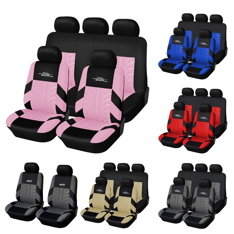 AUTOYOUTH Full Car Seat Covers Set Universal Polyester Fabric Auto Protect Covers Car Seat Protector Pink for Women Girls