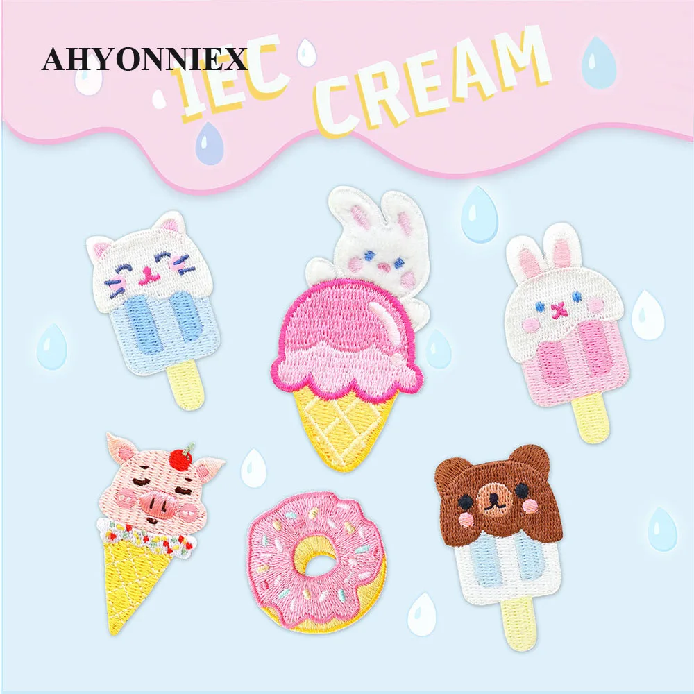 1 Piece Ice Cream Donut Embroidery Repair Patches Bag Jacket Jeans Cartoon Iron On Patches for Clothes Small Glue Sticker