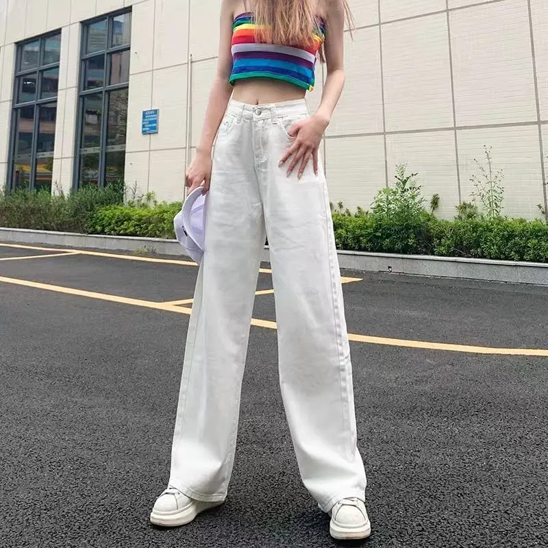 Woman Jeans Pants White High-Waist Summer Straight Width Pine Nuts Pantalones Vaqueros Mujer