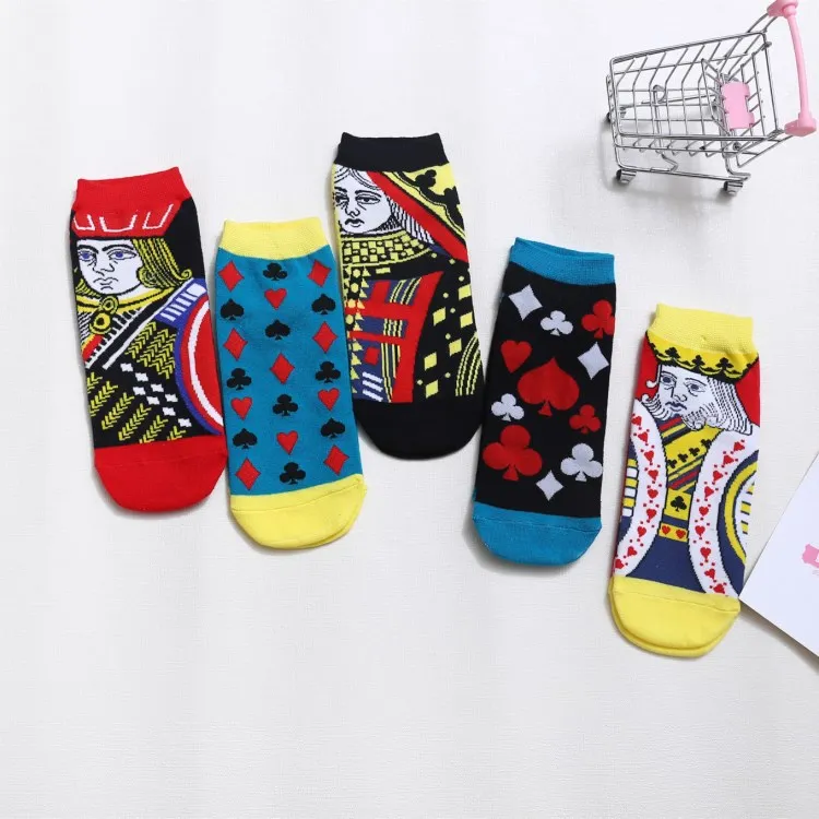 Playing Card Socks Women Cotton Funny Cartoon Short Ankle Socks Pack Girls Harajuku Sock Set Woman Soks Streetwear 5 Pairs 1 Lot