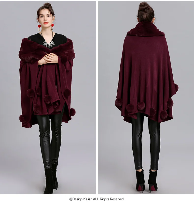 2022 Big Faux Fox Fur Neck Shawl Cape With Fur Ball Poncho Cloak Women Winter Warm Thick Out Streetwear Cardigan Loose Coat